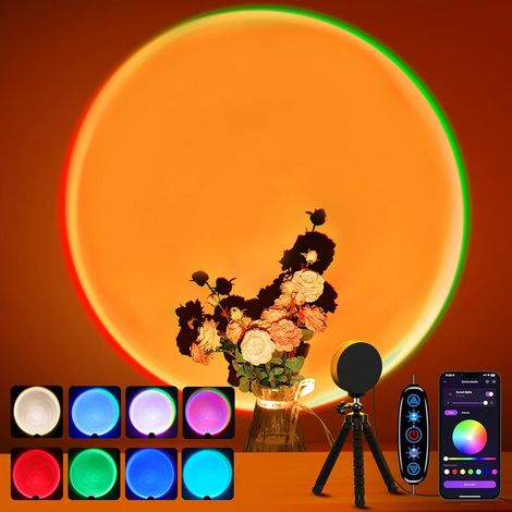 Sunset Lamp Projecteur Multicolore, Lampe Coucher de Soleil Connexion USB, Bouton Interrupteur et Contrôle APP, Rotation 360° Lampe Lumière Soleil pour Chambre, Photographie, Fête, Live (1/5)