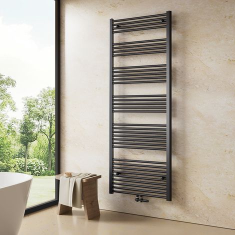 Heilmetz – Sèche-serviette eau chaude 180x60cm 860W – Radiateur anthracite à tube rond simple – Raccordement central – Pour pièces jusqu'à 7m²