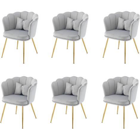 Set de 6 sillas tapizadas de terciopelo gris con respaldo pétalo y patas metálicas doradas (1/5)