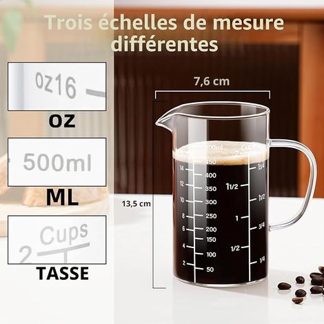 Verre doseur 500 ml avec trois échelles, ouverture en forme de V et poignée - Tasse de mesure pour cuisine ou restaurant (1/4)