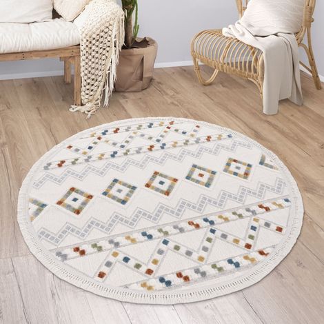 Paco Home Tappeto Salotto Moderno Soggiorno Pelo Corto Modern Boho Etnico Scandi Frange Ø 120 cm tondo, Multicolore 6