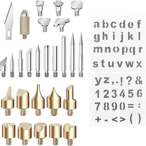 Kit de pyrogravure à bois 26 pièces pointes de fer à souder ciselées à la main pour sculpter le cuir avec 2 pièces diverses lettres, chiffres et symboles pochoirs (1/5)