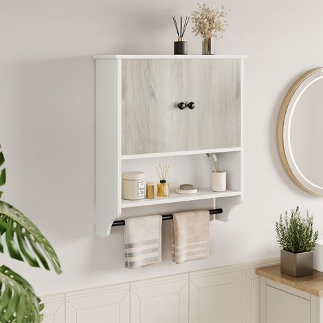 Armoire murale blanche salle de bain 61x19x70cm à 2 portes, étagères réglables et porte-serviettes, rangement WC invités buanderie (1/5)