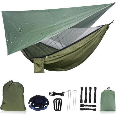 Hamac de Camping avec Moustiquaire - Capacité 200kg - 260x140cm - Vert claire & vert foncé (1/4)