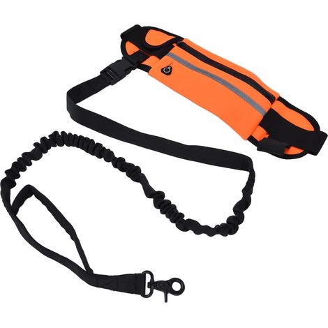Laisse mains libres pour chien avec sac à fermeture éclair amovible, bande réfléchissante et taille flexible, idéale pour les promenades (Orange) (1/5)