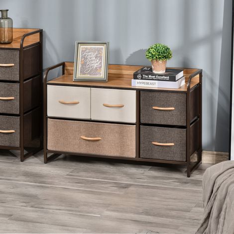 Cómoda de tela con 5 cajones, 87,5 x 29 x 58 cm, marrón y beige.
