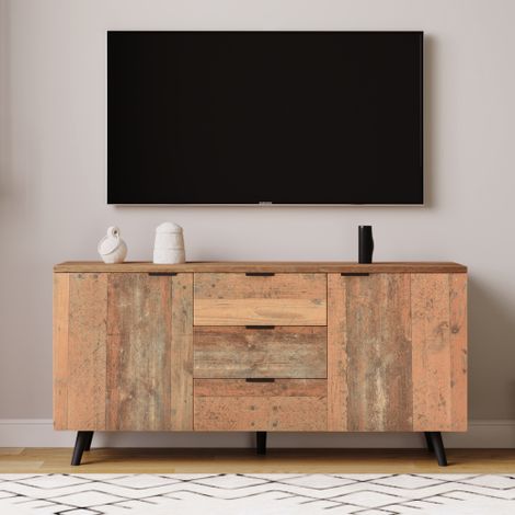 LIBERTÉ Buffet meuble TV avec étagères ajustables commode armoire meuble de rangement Vintage Marron 140cm (1/5)