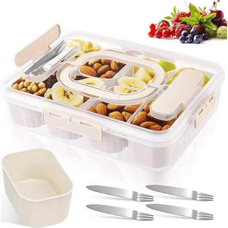 Snack Box avec 8 Compartiments & 4 Fourchettes, Boîte Compartiment Alimentaire avec Couvercle & Poignée, Bol Rangement Collation, Plateau Service Divisé, Assiette Organisateur pour Noix,Bonbons,Fruits (1/5)