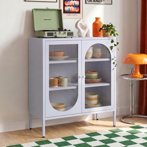 Buffet industriel en métal 2 portes, bleu gris et verre cannelé 80cm KURT