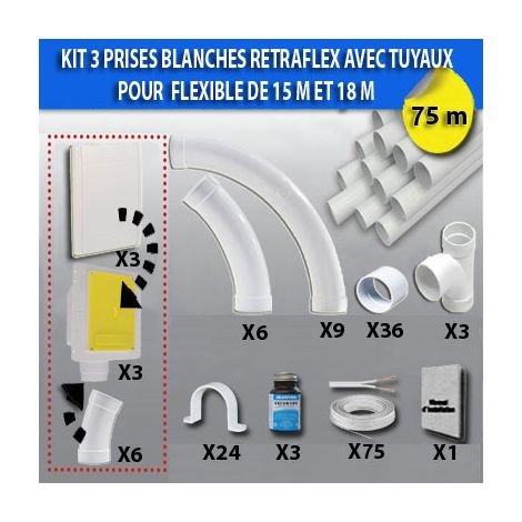 Kit 3 prises RETRAFLEX blanches nouvelle génération, 20% plus petit que le premier modèle - longueur de tuyaux au choix (45m et 75m) - 75m