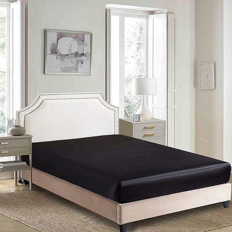 Drap-housse satin 200 x 200 cm - Noir et soie - Convient matelas jusqu'à 25 cm (1/2)
