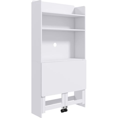 Bureau d'ordinateur blanc avec étagères et tablettes rabattables, 2 roues, pour salon ou chambre, dimensions 80 x 69 x 155 cm. (1/5)