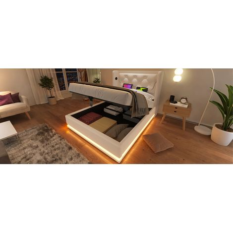 Stauraumbett 90x200 cm weißes PU mit USB, Jugendzimmer, ohne Matratze – MEUBLIV (1/5)