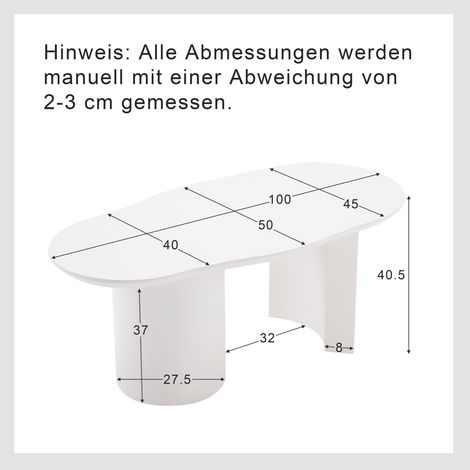 Couchtisch 100x50x40,5 cm weiß, unregelmäßige Platte, lackiertes MDF, modernes Design (1/5)