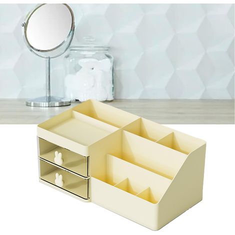 Aufbewahrungsbox mit mehreren Schubladen und Fächern für Kosmetiktisch, Kosmetikorganizer, Maskenhalter, Lippenstifthalter und Pinselhalter, cremefarben (1/5)