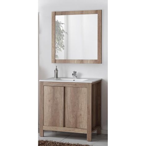 Badezimmer Waschplatz inkl. 81cm Waschtisch mit Keramik Waschbecken, Country Eiche Nb. MOSINA-56, B x H x T ca. 80 x 200 x 46cm (1/5)
