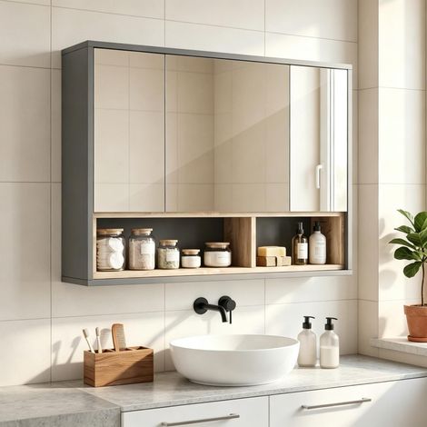 Meuble miroir mural pour salle de bain, armoire à miroir avec 3 portes et 8 compartiments de rangement, espace de stockage pratique pour vos articles sanitaires (1/5)