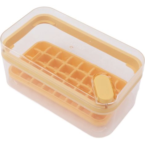 Eiswürfelform aus Kunststoff mit 32 Fächern, Deckel, Behälter und Schaufel für den Gefrierschrank, Gelb (1/5)