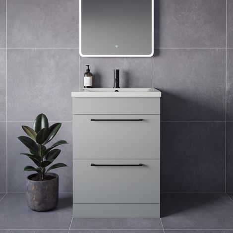 Napoli 460 Gloss Grey Pearl 600mm 2 Drawer Vanity Unit with Glide Basin - 600mm - Matt Black 320mm Handle