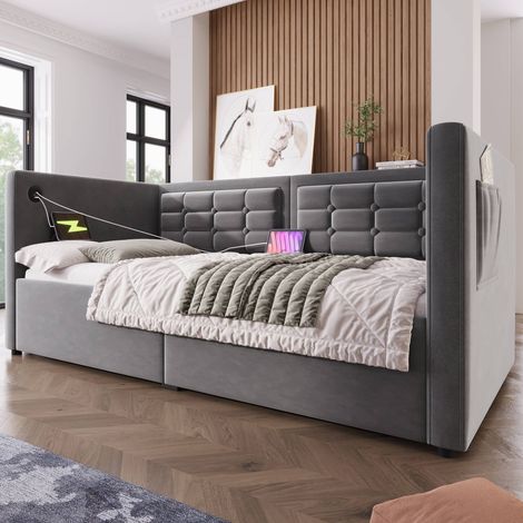 Lit banquette 90x200 cm, sommier à lattes en bois, rangement hydraulique, USB et Type-C, tête de lit rembourrée en velours gris, sans matelas (1/5)