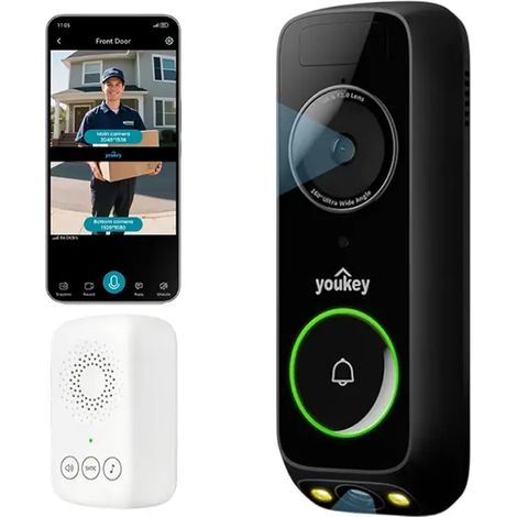 UNIVIEW Youkey DB312 Caméra de Sonnette Vidéo Sans Fil Double Caméra avec Sonnerie, Vision Nocturne en Couleur 2K, Batterie 6400 mAh, Wi‑Fi 6 (2,4/5 GHz) (1/4)