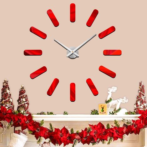Pendules Murales 3D DIY Moderne Silencieuse Grande Horloge Murale XXL Rouge Miroir Autocollant pour Cadeaux de Décoration de Noël Maison Restaurant Bureau et Hôtel (103) (1/5)