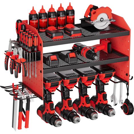VEVOR Organiseur mural pour outils electriques, support de rangement a 3 niveaux avec 4 supports de perceuse, porte-outils avec panneaux perfores lateraux, etagere a outils pour garage et atelier
