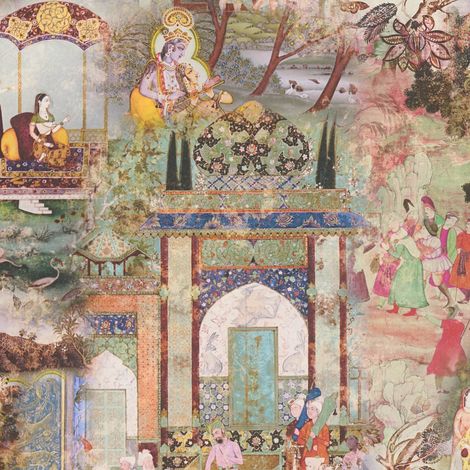 Asia wallcovering wall Profhome 381741 smooth non-woven non-textured wallpaper with architectural subjects matt green orange yellow red 5.33 m2