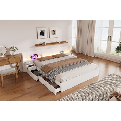 Lit double 180x200 cm en bois, sommier à lattes avec tête de lit, éclairage LED intégré et prise USB, pilotable via application mobile, 2 tables de chevet à tiroirs, sans matelas, blanc. (1/5)