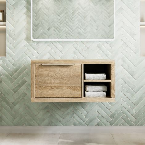 800mm Bathroom Vanity Unit Countertop Wall Hung With Shelves Grey Handle Oak Wood No Basin - RH Shelves (1/4)
