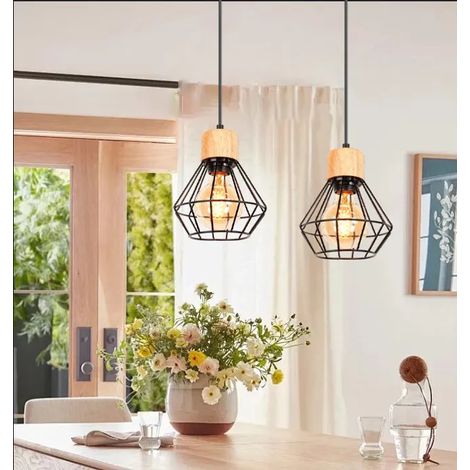 Lot de 2 Suspension Luminaire Industriel Vintage Lustre Abat-jour en Bois Métal Lmape de Plafond Réglable pour Salon Chambre (1/5)