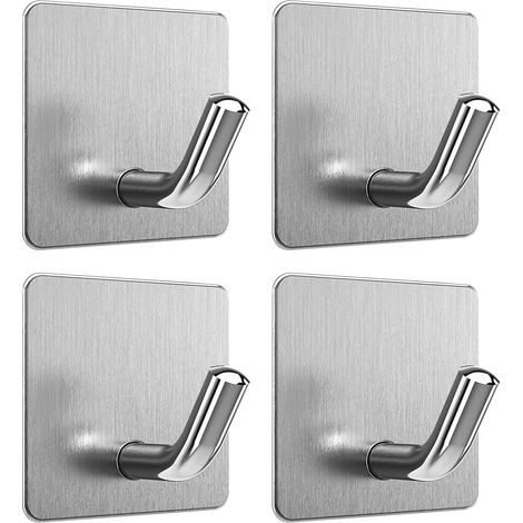 Crochet Adhésif, 4 Pièces Crochet Mural Adhesifs Sans Percer Crochets Acier Inox Porte Serviettes Anti-rouille et étanche pour Cuisine, Salle de Bains, Peignoir, Serviette, clés, sacs (1/5)