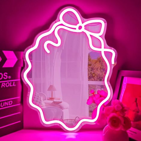 Miroir néon en forme de nœud : Luminosité réglable — un miroir doté d'un éclairage intégré, parfait pour la décoration de coiffeuses et pour offrir en cadeau. (1/5)