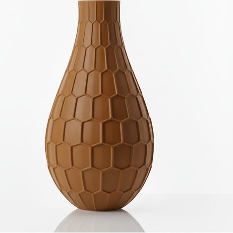 Vaso decorativo geometrico marrone con un elegante motivo esagonale.