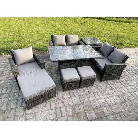 Fimous Outdoor Rattan Patio Furniture Set Garden Lounge Sofa Set with Rising Lifting Table Side Table 3 Footstools Dark Grey Mixed (1/5)
