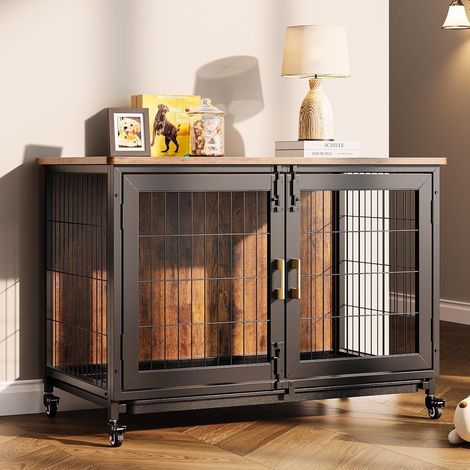 Cage Chien Interieur Grande Taille Caisse pour Grand Chien Maison Meuble Cages Chiens en Bois avec 2 Porte - XL Noir 95x56x65cm (1/5)