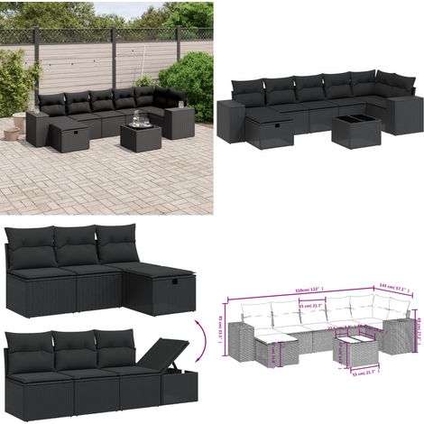 Salon de jardin 8 pcs avec coussins noir résine tressée - Ensemble Salon De Jardin - Mobilier De Jardin - Canapé Jardin - Set Salon Exterieur - Chaise Lounge - Home & Living (1/5)