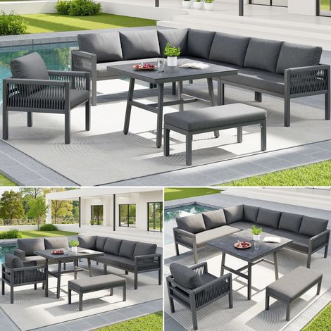 Ensemble Salon de jardin,Canapé d'angle en forme L 8 places,Tressé main Table marbre verre Coussin amovible,Gris