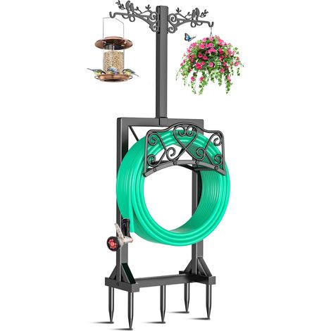 Support pour tuyau d'arrosage sur pied – métal robuste antirouille – ancrage 5 points extra stable – avec crochets décoratifs (plantes/lanternes) – capacité 45m (1/5)