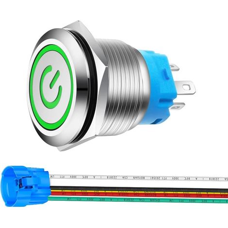 22mm Interrupteur à Bouton Poussoir à Verrouillage en Acier Inoxydable 12V-24V 5A LED 1NO1NC SPDT Allumé/éteint Interrupteur à Bascule étanche avec Prise de Courant (LED Vert) (1/5)