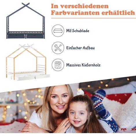 Lit Maison Enfant avec Tiroirs, Bois Massif Pin avec Sommier, Lit Cabane 90x200cm, Chambre Enfant et Ado, Blanc et Bois Naturel (1/5)