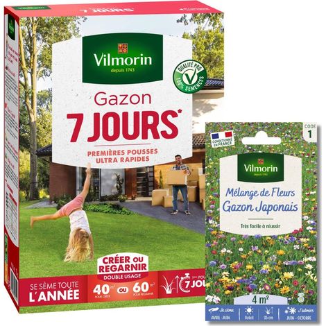 Gazon 7 jours - 1 kg + Gazon Japonais - 4 m² - Mélange de fleurs Vilmorin (1/2)
