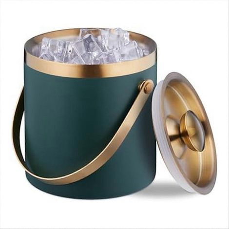 Eisbehälter aus Edelstahl, doppelwandig, mit Deckel und Griff, grün und gold (1/5)