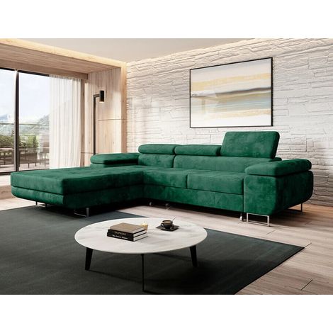 Alvaro Velvet Left Hand Facing Corner Sofa Bed with Storage and Lift Mechanism - Bottle Green (1/4)