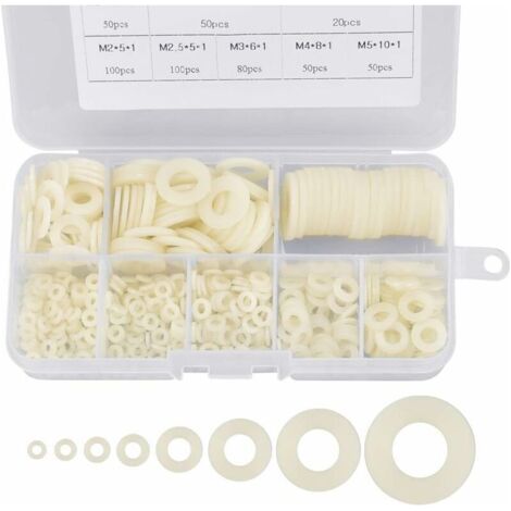 500 pièces rondelles plastique rondelles plates en nylon M2 / M2.5 / M3 / M4 / M5 / M6 / M8 / M10 Rondelle d'Etancheite blanches pour fixations industrielles