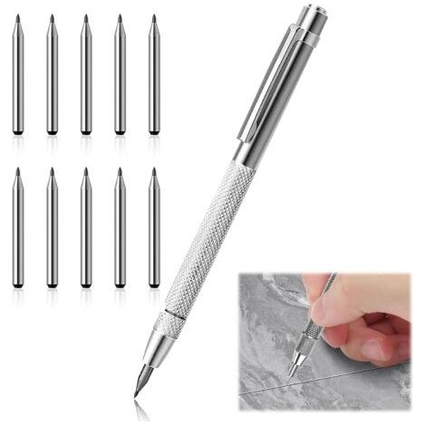 BUNTHAUS Stylos à Tracer en Carbure de Tungstène, Pointe a Tracer Livré avec 10 Pointes de Rechange, Parfait pour Tôle, Verre, Céramique, Acier Trempé et Plus (1/5)