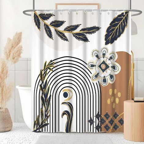Rideau Douche Anti Moisissure, Rideau de Douche 180x180cm Abstrait Feuilles Bleu Marine Boheme Rideaux de Baignoire Tissu Lavable Imperméable Polyester Rideaux Salle de Bain avec 12 Crochets (1/5)
