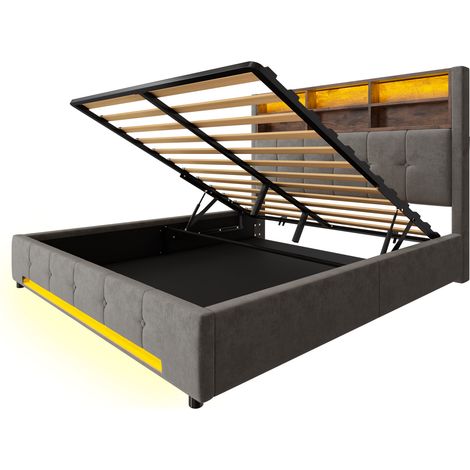 Polsterbett 160x200 cm in dunkelgrauem Samt mit Stauraumkopfteil, USB-C und LED HOMVRA (1/5)