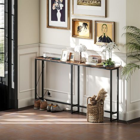 Table d'appoint étroite style industriel, table console avec station de recharge intégrée, pieds en acier, pour couloir entrée bureau, 160 x 20 x 80 cm, brun rustique (1/4)