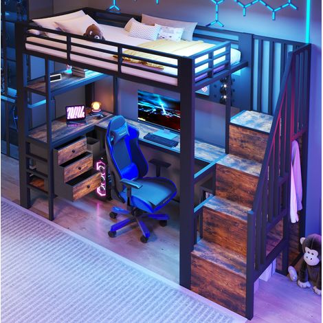 Cama alta juvenil con escritorio y almacenaje negra HAVRYA (1/5)